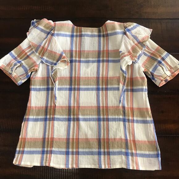 Madewell V Neck Shoulder Ruffle Top Blouse Shady Plaid Rusted Tin Small EUC - Picture 7 of 11